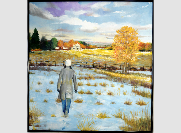 Snowy Field with Woman walking toward a studio building Painting by Fine Artist Robert W. Moore