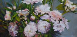Peonies II in Peach-Colored Pot  48x24  Oil on Canvas  Framed
