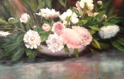 SOLD Peonies on Buffet 36 x 24  Oil on Canvas